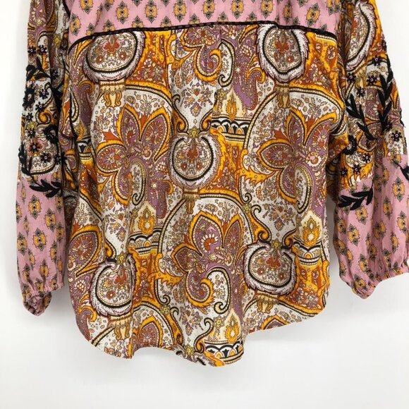 Anthropologie Emma Kayleigh Pink printed tie neck boho balloon sleeve blouse xxs - Picture 7 of 16